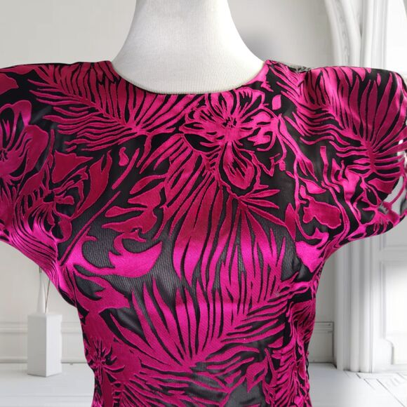 Vintage 80s does 40s Cocktail Dress Size 6/8 Sheer Floral Satin Burnout - Picture 8 of 16